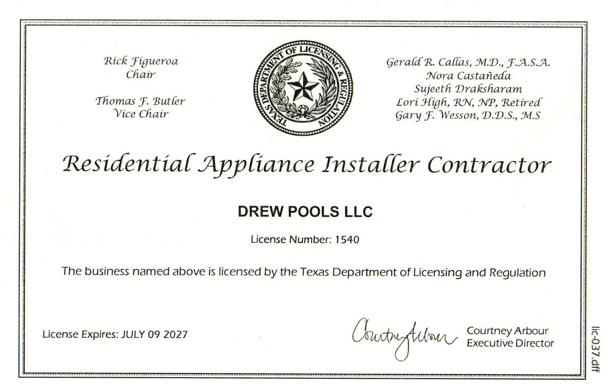 Residential Appliance Installers License for Drew Pools | Katy, TX Professional license for Drew Pools, Residential Appliance Installers Contractor License, in Katy, TX.