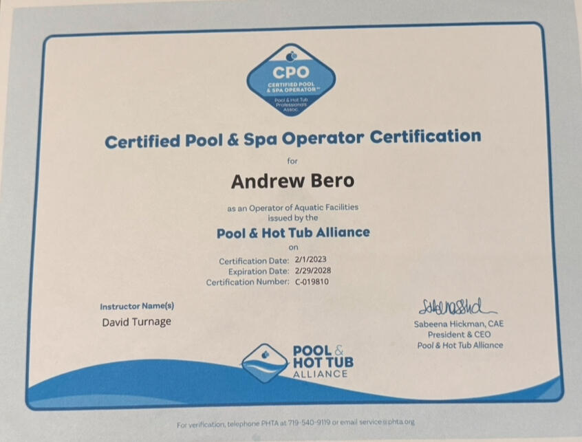 CPO License Drew Pools | Katy, TX Commercial Pool Operators License for Drew Pools in Katy, TX.